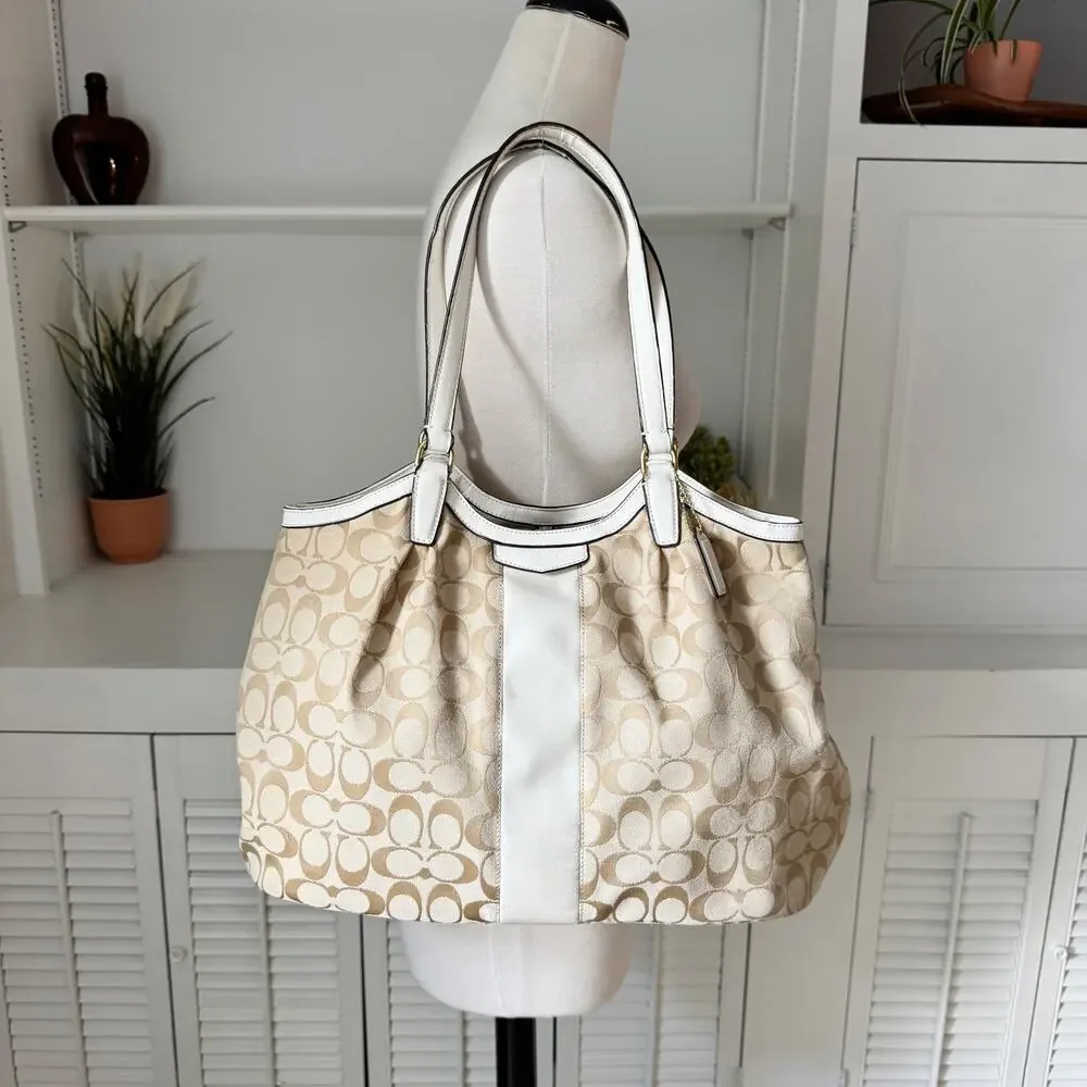 Coach Signature Monogram Satin Stripe Tan Canvas White Leather Devin Bag